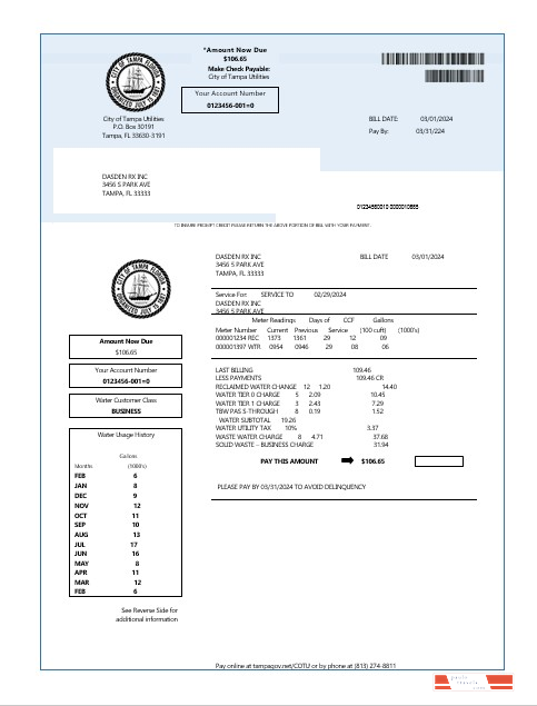 USA Florida water business utility bill template in Word and PDF formats